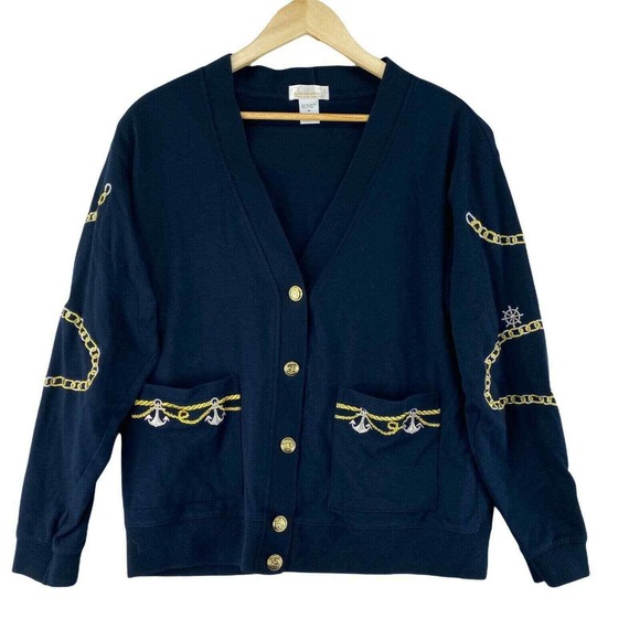 Tara Vanessa Cardigan Sweater Womens Medium Oversized Blue Nautical Pockets VTG - Picture 1 of 7
